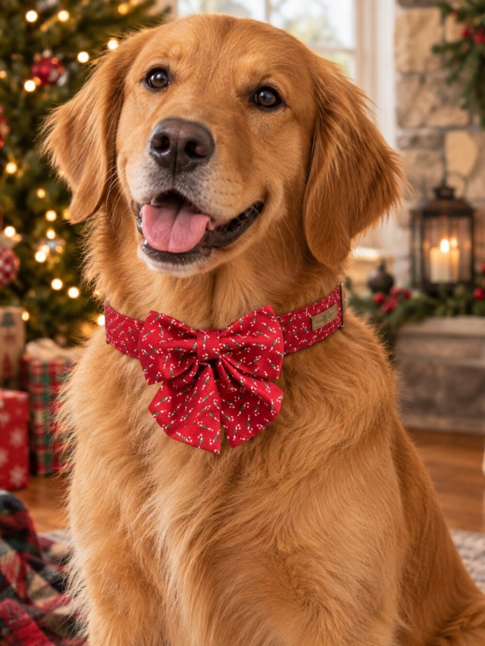 Lionet Paws Christmas Candy Cane Dog Collar & Bow Tie Set
